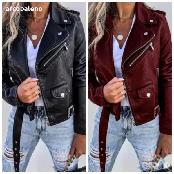 Дамско PU късо кожено яке с цип, 2цвята , снимка 1