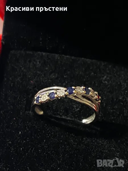 Нежен златен пръстен с 4 диаманта и 5 сини сапфира, снимка 1