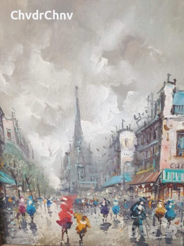 75х65см/стара картина масло върху платно/градски пейзаж/Париж-кафенета/дървена рамка, снимка 5 - Картини - 51177082