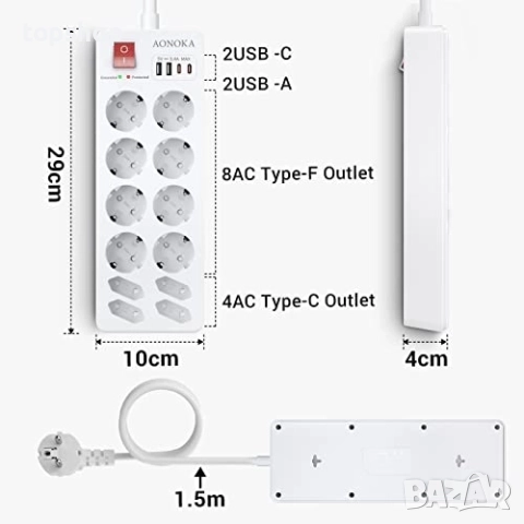 Нов 12-полюсен разклонител с пренапрежение и ключ, стенен разклонител с 12 контакта и 2 USB-C ..., снимка 8 - Други стоки за дома - 51637919