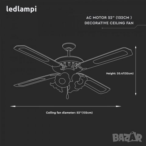 Вентилатор за таван 60W с лампи 4хЕ27 4перки 132cm, снимка 3 - Лампи за таван - 28648127