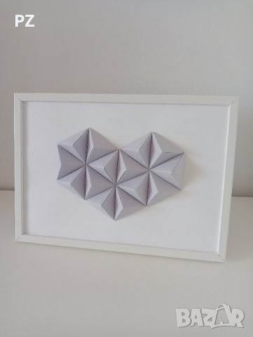 3D лилаво сърце, оригами, в рамка, декорация за стена, подарък