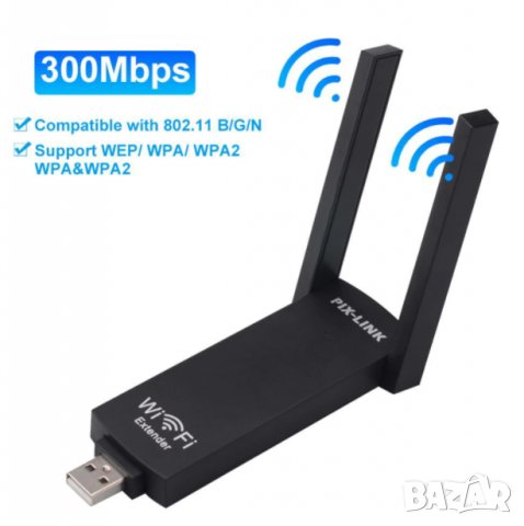 Портативен Бустер Повторител USB Безжичен Усилвател на Сигнала Wi-Fi Repeater с 2 Антени 300 Mbps, снимка 1 - Рутери - 35059727