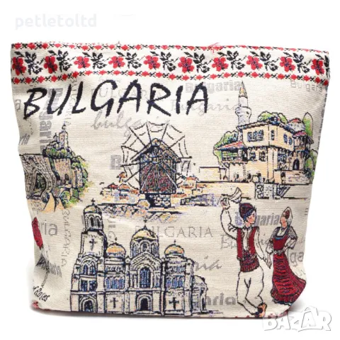 Сувенирна луксозна чанта с текстилни дръжки - декорирана с български шевици и забележителности, снимка 2 - Чанти - 49222956