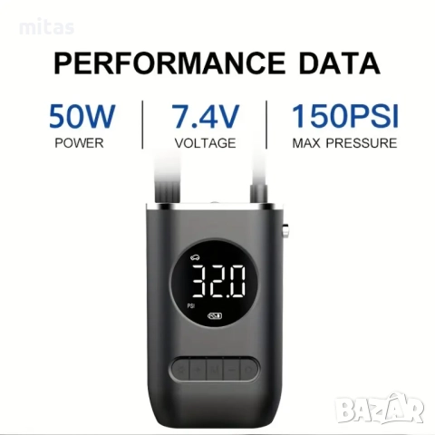 Преносим компресор за помпане на гуми - Type-C, 150PSI, 4000mAh, LED, снимка 4 - Аксесоари за велосипеди - 44894393