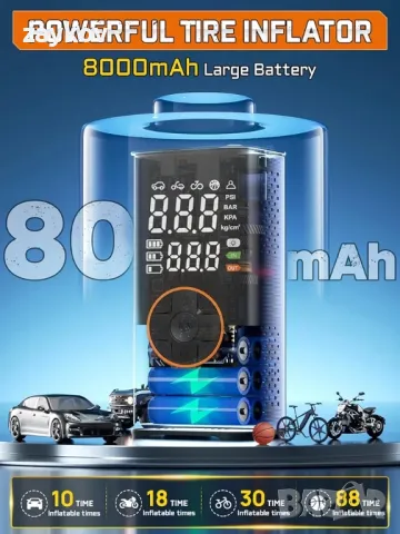 Multper 8000 mAh Електрическа въздушна помпа Велосипедна въздушна помпа, снимка 7 - Друга електроника - 48645882
