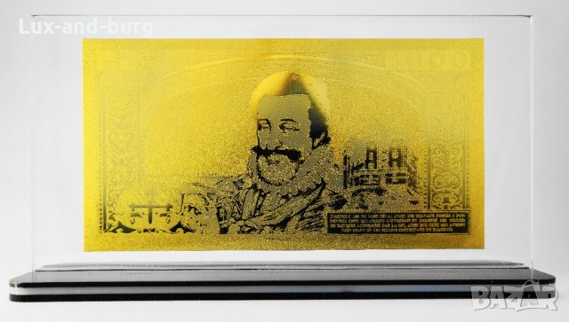 Златна банкнота 5000 Френски Франка (50 нови) в прозрачна стойка - Реплика, снимка 1 - Нумизматика и бонистика - 27080470