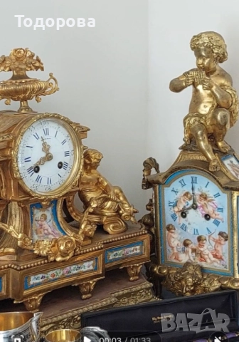 Много рядък Каминен бронзов часовник-Франция 19 век ,позлата, порцелан, 4 200 €, снимка 2 - Стенни часовници - 52310498