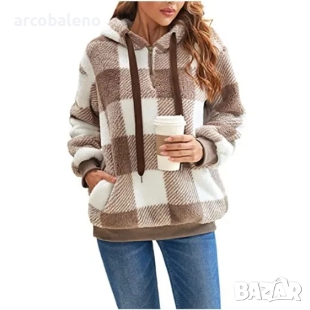 Дамски суичър с дълги ръкави и качулка на каре, 7цвята , снимка 3 - Суичъри - 42319279