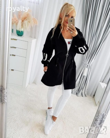 Черно дамско палто с плетени ръкави, снимка 2 - Палта, манта - 52073847