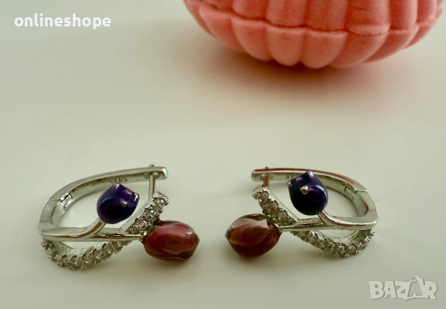 Сребърни обеци S925 с камък - цирконий - Роза, снимка 4 - Обеци - 51229631