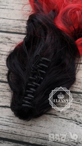 Естествена Луксозна Омбре -Черно и Ярко Червено Цветово Преливане Опашка с Щипка Код С302, снимка 5 - Аксесоари за коса - 26401870