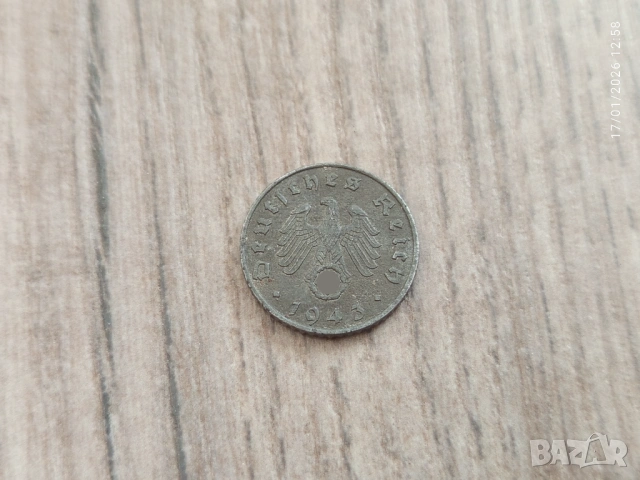 Монета 1943 Германия 5 Reich Pfennig, снимка 2 - Нумизматика и бонистика - 53138157