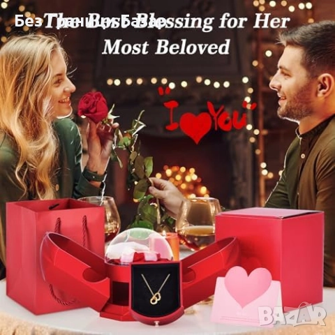 Нова Вечна роза с колие сърце подарък за жена любима луксозна кутия, снимка 2 - Романтични подаръци - 52940549