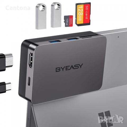 Докинг станция BYEASY Surface Pro 7, 6-в-1,  4K HDMI, PD 60W Type-C, SD/TF четец на карти, 2 USB 3.0