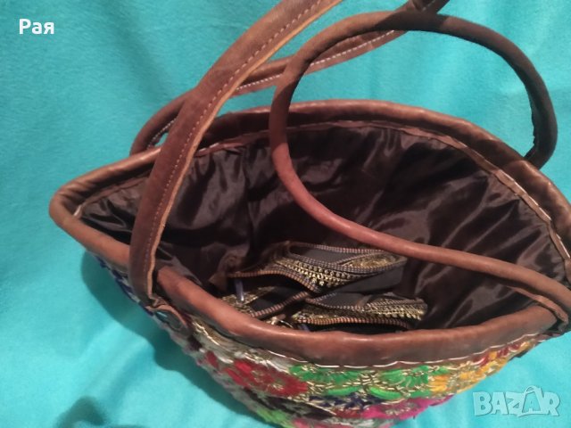 Мароканска ръчно изработена чанта от тъкана слама с флорална бродерия от памук, вълна и пайети, коже, снимка 14 - Чанти - 33509010