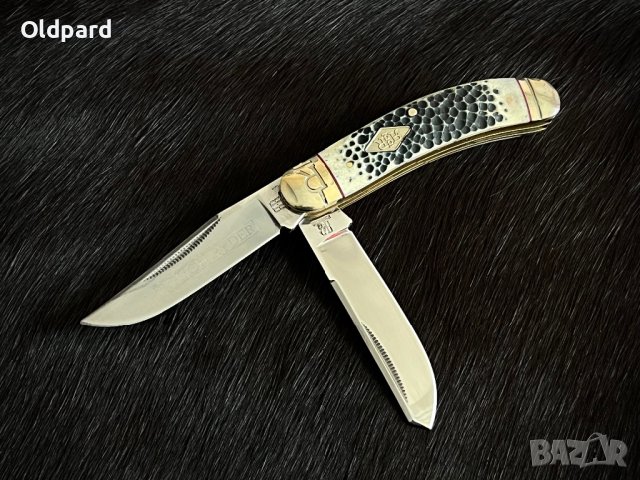 Колекционерски джобен сгъваем нож с два остриета RR Sowbelly Trapper Buckshot Bone. (RR1906), снимка 3 - Ножове - 43377114