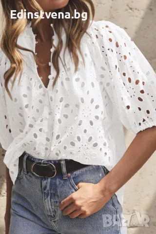 Дамска блуза в бяло с къси бухнали ръкави и бродерия, 100% памук, снимка 4 - Ризи - 50073197