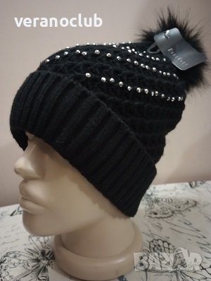 Дамска плетена шапка с подгъв Черна, снимка 2 - Шапки - 44035683