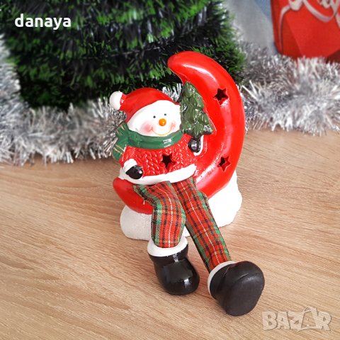 Светеща керамична фигурка Дядо Коледа Снежко с луна коледна декорация, снимка 2 - Декорация за дома - 26810937