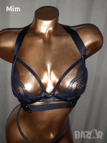 75 Е К-т Черен кожен сутиен и прашка , снимка 5 - Бельо - 38597048