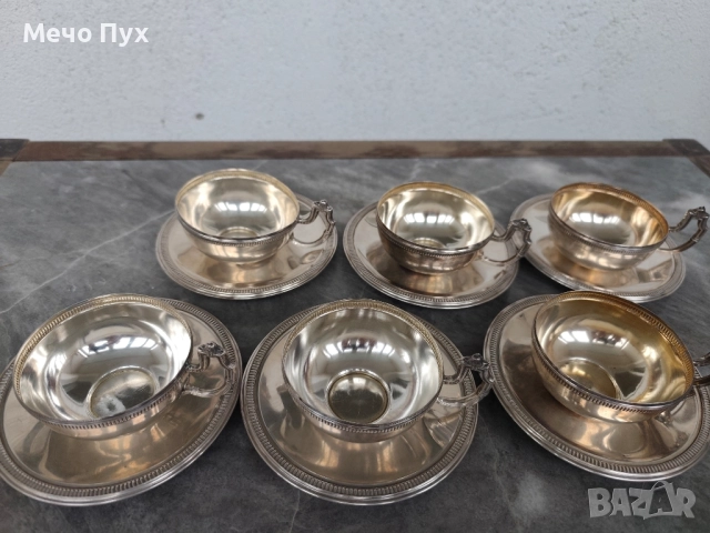 Сребърен сервиз за кафе - 6 чашки и 6 чинийки , снимка 3 - Антикварни и старинни предмети - 52104554
