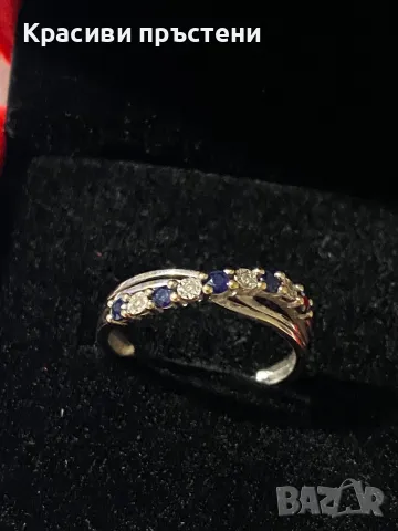 Нежен златен пръстен с 4 диаманта и 5 сини сапфира, снимка 1