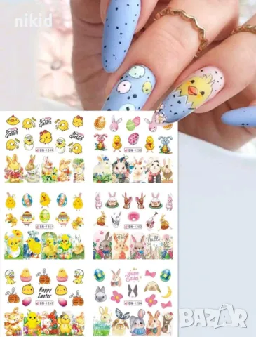 заек пиле яйце лист Великденски слайдер 12 в 1 татос ваденки водни стикери за нокти, снимка 4 - Продукти за маникюр - 48761936