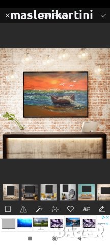 Морски залез лодка и чайки маслена картина , снимка 2 - Картини - 36380217