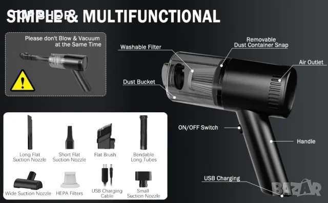 Мощна ръчка акумулаторна прахосмукачка с комплект накрайници  WHJC, снимка 6 - Прахосмукачки - 48804883