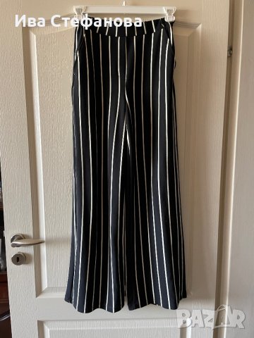 Нов one  size  висока талия ластик черно бял раиран широк прав рае панталон Bershka  S/M размер, снимка 3 - Панталони - 43593442