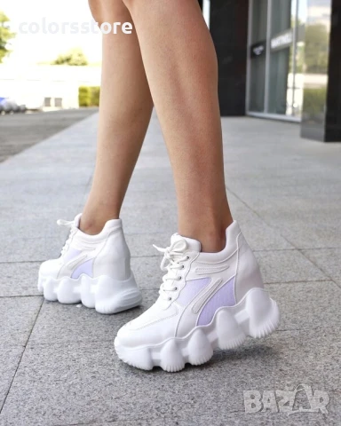 Кецове на платформа - бяла кожа с мрежа - PA786 