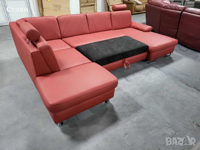 Червен кожен ъглов диван П форма с функция сън "CARO", снимка 2 - Дивани и мека мебел - 39688800