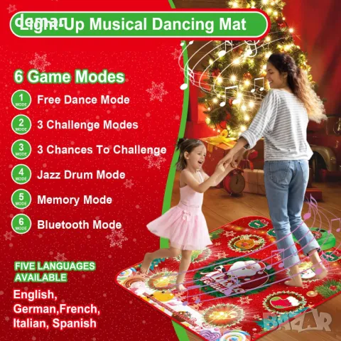 Коледна подложка за танци за деца 4+ г., светеща с 6 LED клавиша и безжичен Bluetooth, акумулаторна , снимка 4 - Музикални играчки - 47376464