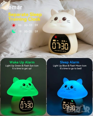 Yiliaw Будилник за сън с нощна RGB светлина за деца, 6 алармени тона и бял шум, коте, снимка 3 - Детски нощни лампи - 52088193