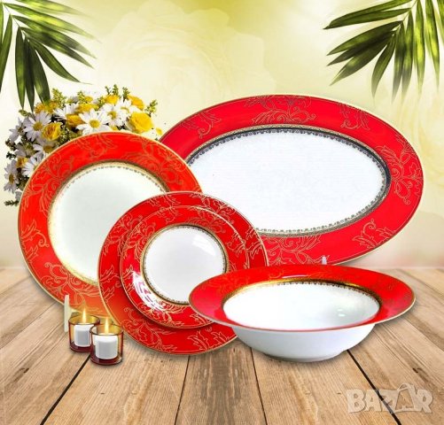 Червен сервиз за хранене за съдомиялна машина от костен порцелан, снимка 7 - Сервизи - 34774361