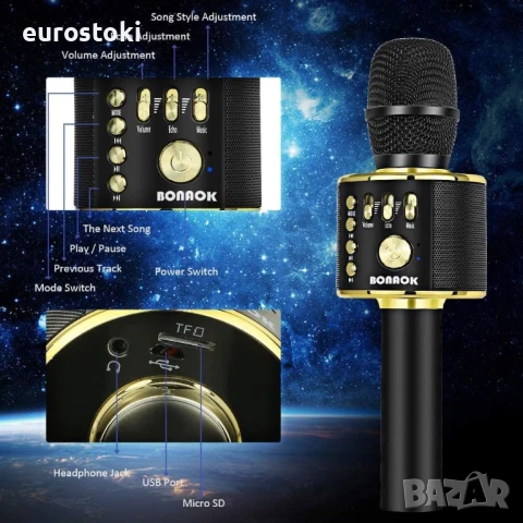 BONAOK Безжичен Bluetooth караоке микрофон, 3-в-1 преносим ръчен караоке микрофон, снимка 2 - Микрофони - 51344723