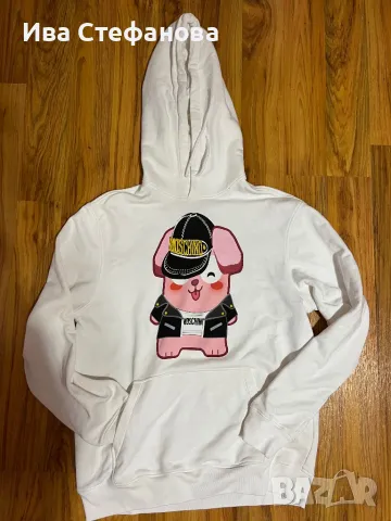 Оригинална бяла блуза Moschino 100 % памук памучна универсален размер суичър суитшърт с качулка