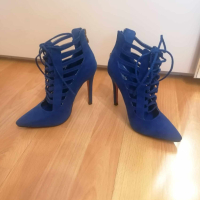 Уникални сини обувки с високи токчета с връзки и червена подметка - 37 размер, снимка 8 - Дамски обувки на ток - 44884995
