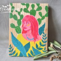 Мини-картина "Флора" / акрил върху дърво / момиче, кактус, цветно, снимка 1 - Картини - 28702719