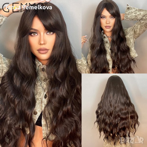 Дълга на вълни кафява перука с бретон, снимка 1