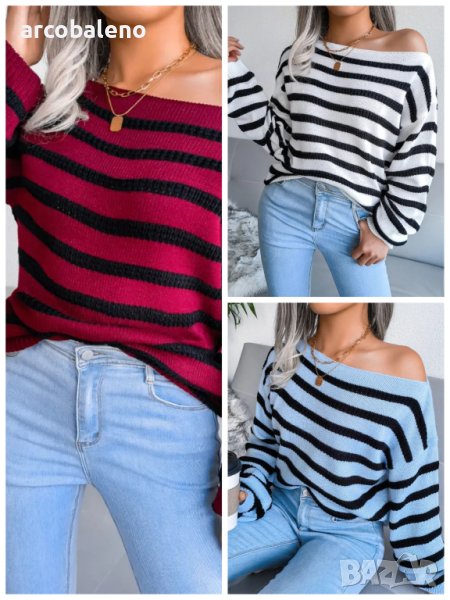 Дамски свободен плетен пуловер с право деколте с отворени рамена, 3цвята, снимка 1