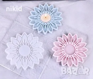 Цвете слънчоглед гербер поставка поднос за свещ свещник силиконов молд форма смола гипс шоколад, снимка 1