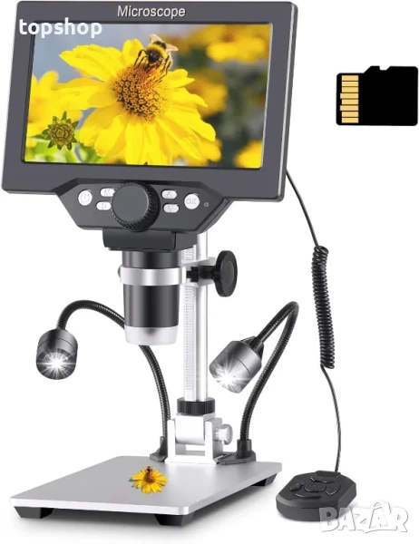 НОВ Цифров микроскоп Koolertron с 7'' екран 1080p, 32GB памет, 1200x увеличение, камера, безжичен..., снимка 1