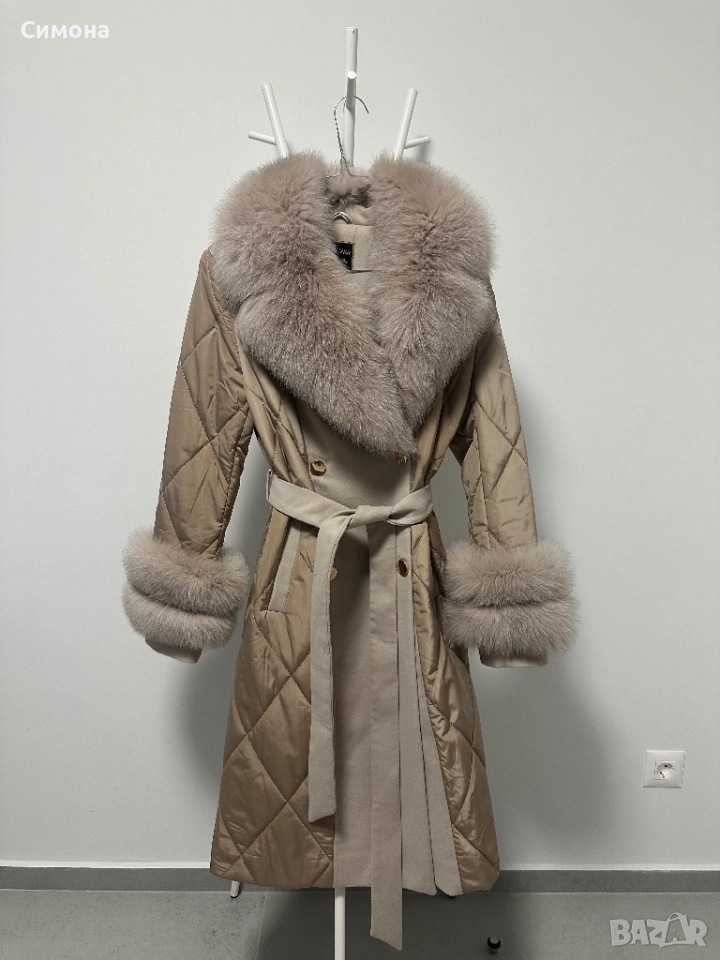 Бежово палто от кашмир с естествен косъм лисица, снимка 1