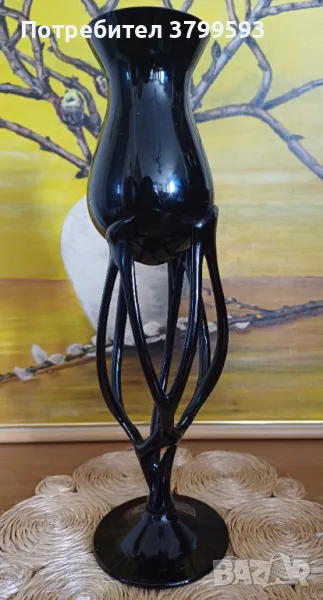 Полски черен свещник ръчно духано стъкло, снимка 1