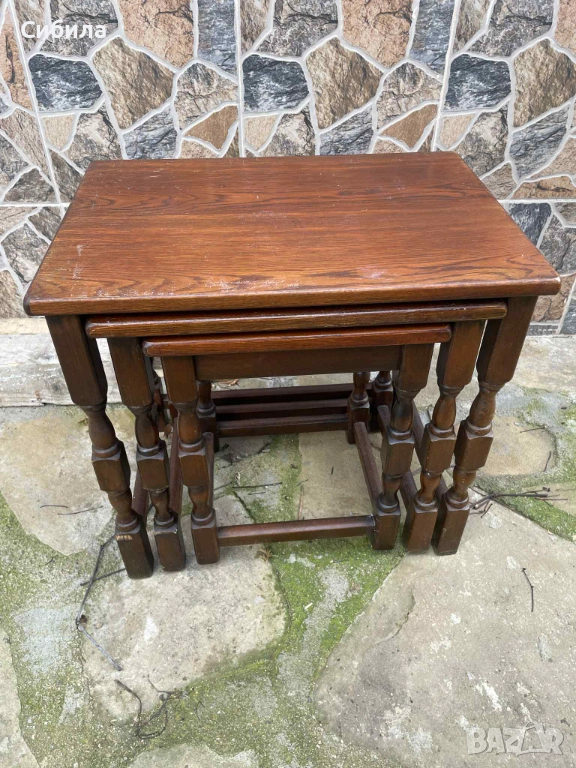 Комплект антични помощни масички (3 броя) – масивно дърво, снимка 1