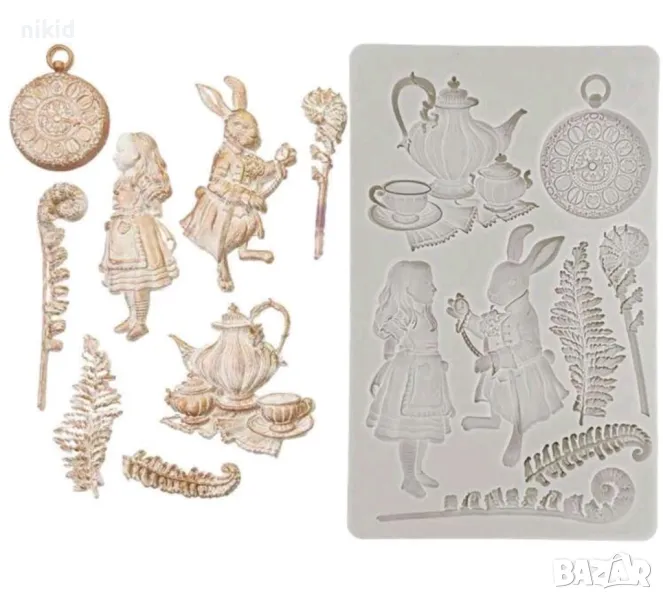 Алиса в страната на чудесата заек папрат часовник чайник чаша сервиз кафе силиконов молд форма фонда, снимка 1