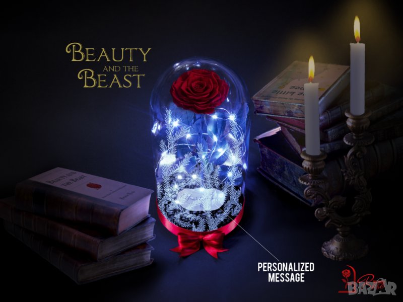 Вечна Жива Роза в ГОЛЯМА Стъкленица "Красавицата и звяра" / Луксозен Подарък за Рожден Ден на Жена, снимка 1