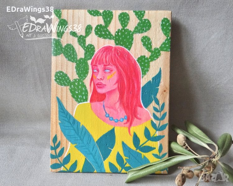 Мини-картина "Флора" / акрил върху дърво / момиче, кактус, цветно, снимка 1